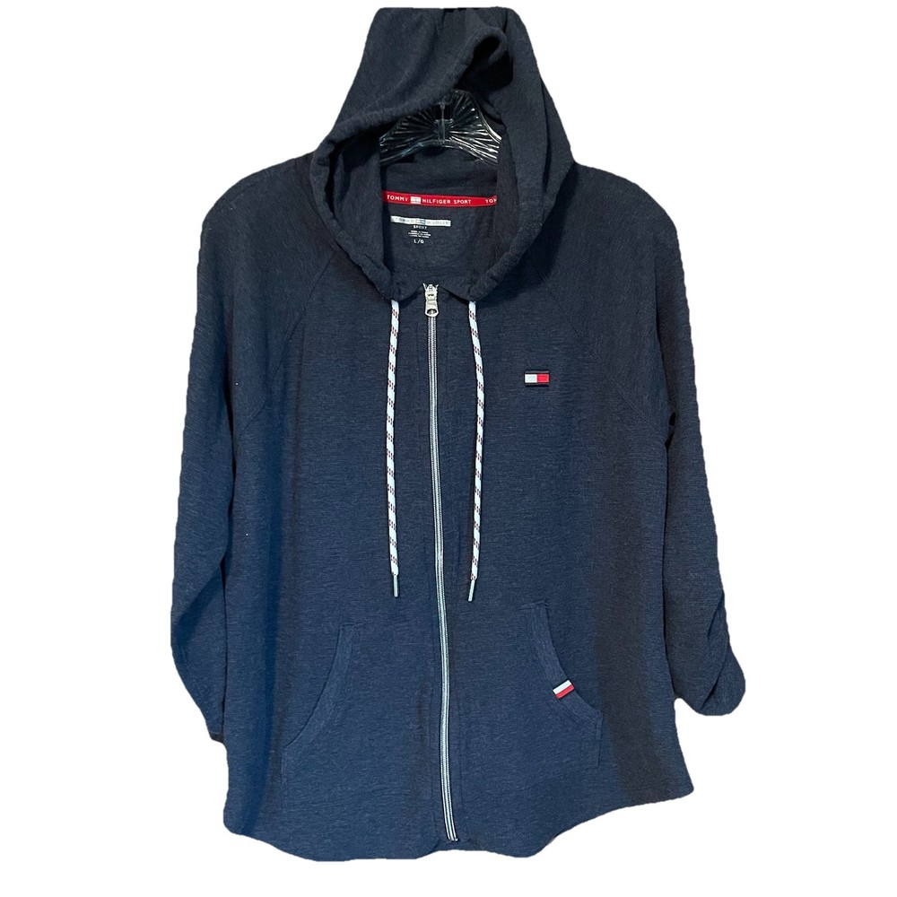 Tommy Hilfiger Sport Womens Zip Hoodie with Pockets and Roll Tab Sleeves in Blue