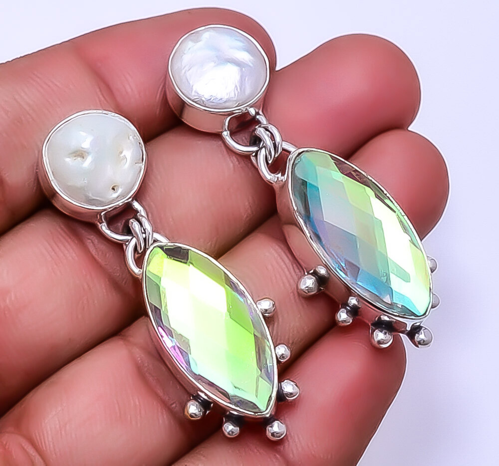 Aura Rainbow Mystic Fire Topaz 925 Sterling Silver Earrings 1.95 Inch