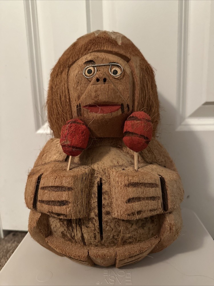 Hand Carved Coconut Monkey Figure w/Maracas Piggy Bank Tiki Bar Art