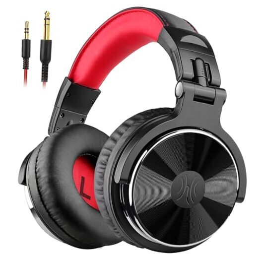 Hi-Res Studio Wired Over-Ear Headphones for DJ Mixing in Red