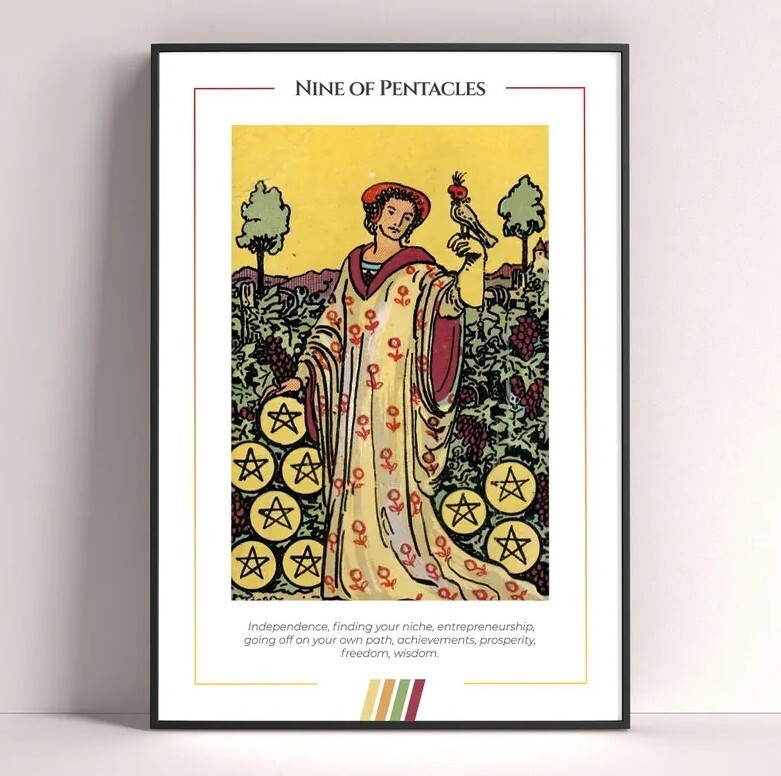 Nine of Pentacles Tarot Poster - Witchy Art Print for Tarot Decor and Gifts