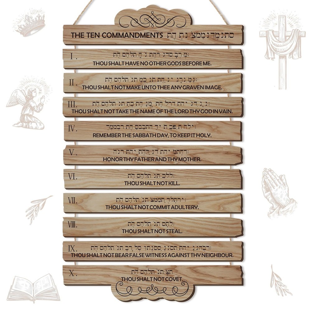 10 Commandments Christian Wall Art Wooden Bible Verse Wall Decor Hanging Reli...