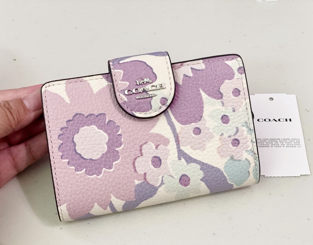 COACH Medium Corner Zip Floral Wallet in Ivory Purple Pink Multi CBO31