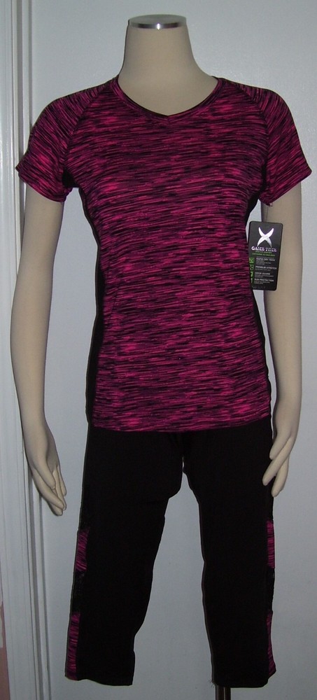GAME TIME 2 Pc Pink Black SS Top Lace Insert Capri Active Work Out Wear Outfit S