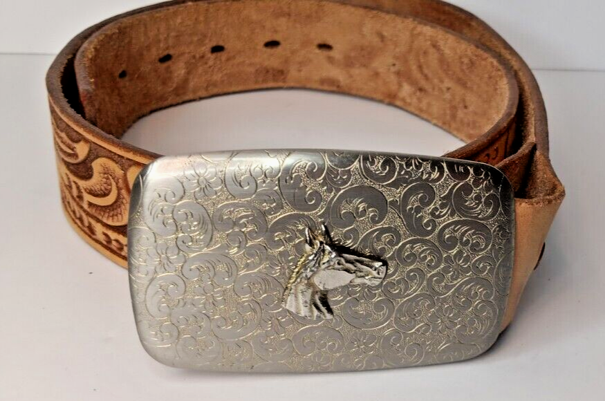 Lyntone Leather Tooled Belt, Horse Buckle & Etched Filigree, USA Top Grain 32