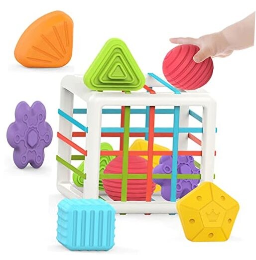 Montessori Sensory Shape Cube Toy Set for 1 Year Old Toddlers - 6 Pc Multi-Textured Learning Blocks  