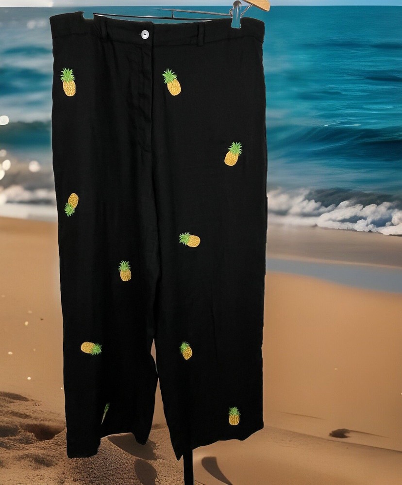 Deanne & White Pant Vintage 90s High Waist Leg Wide Crop 100% Linen PINEAPPLE 14