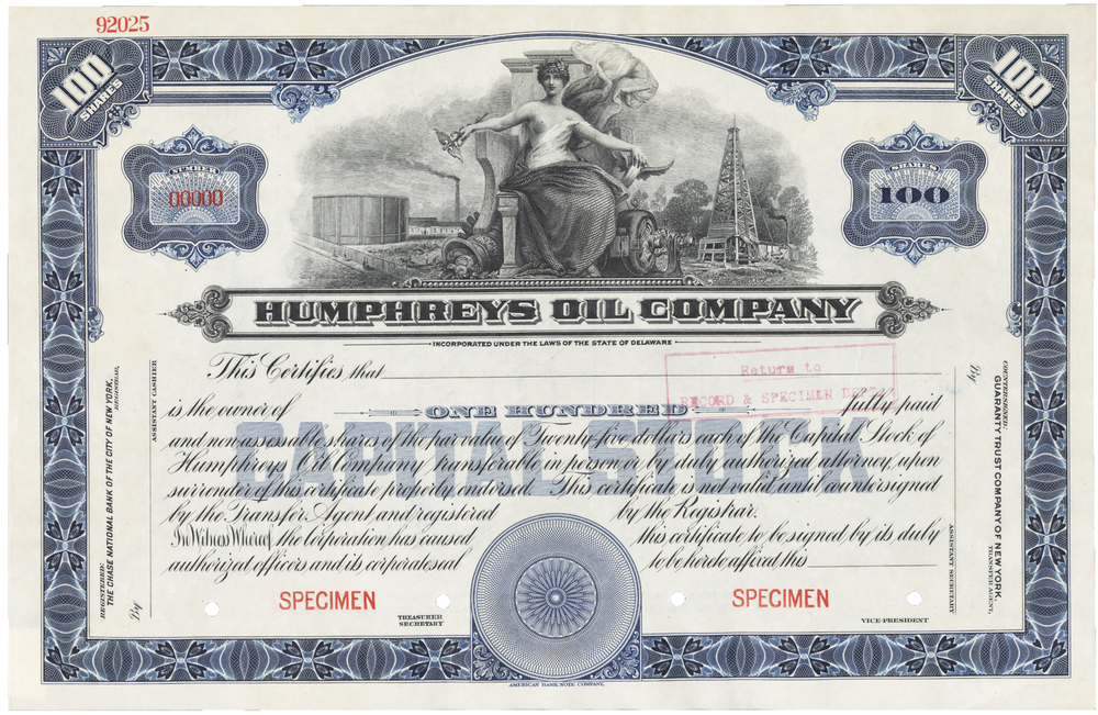 Humphreys Oil Company. Stock Certificate.