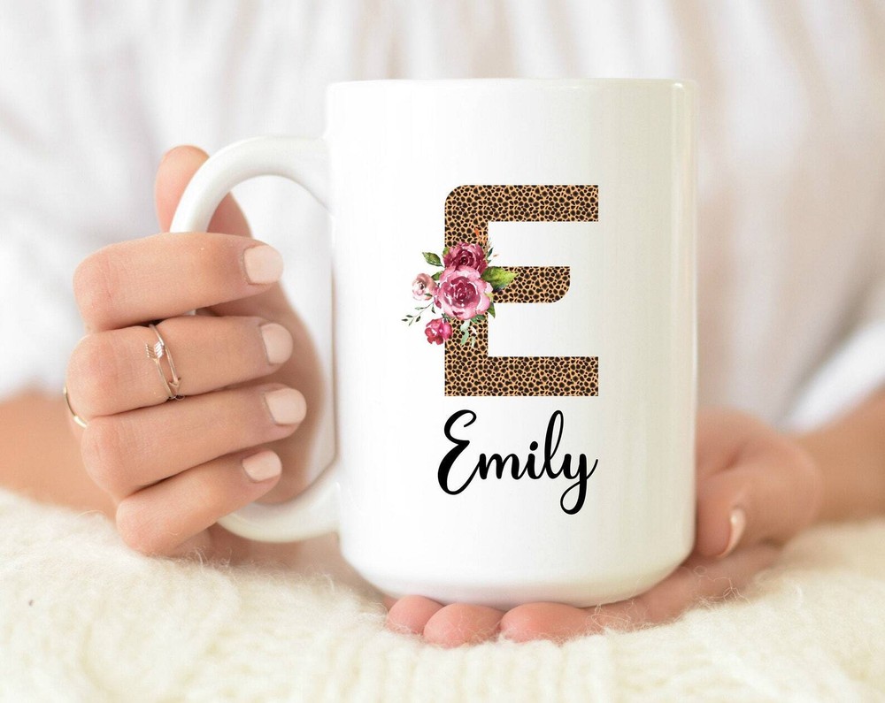 Personalized Travel Coffee Mug Leopard Print Initial W Flowers Mug Personalized