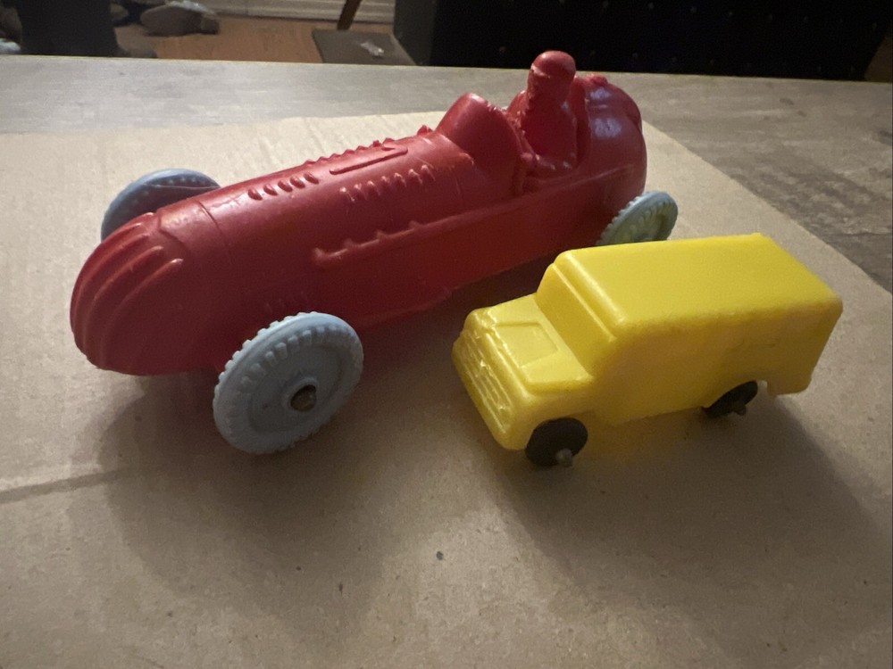 Auburn Rubber Indy Race Car - Red vintage Gray ￼Wheels 1960s toy carYellow Bus ￼