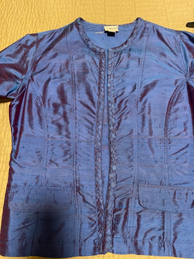CHICO'S Open Front Jacket  Blue 100% Silk / Size 1/M / pockets