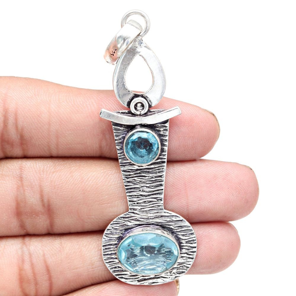 Swiss Blue Quartz Pendant Silver Jewelry Gift For Her 2.75 Inch