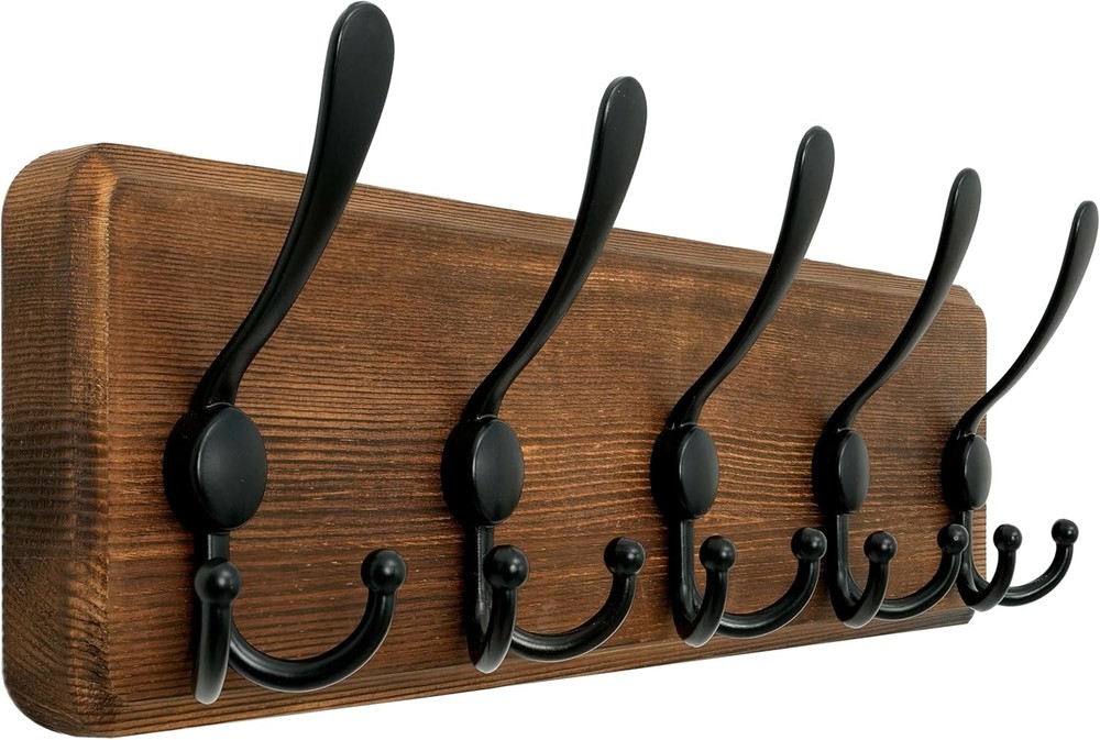 WEBI Rustic Wood Coat Rack Wall Mount 5 Triple Hooks 16 in Brown