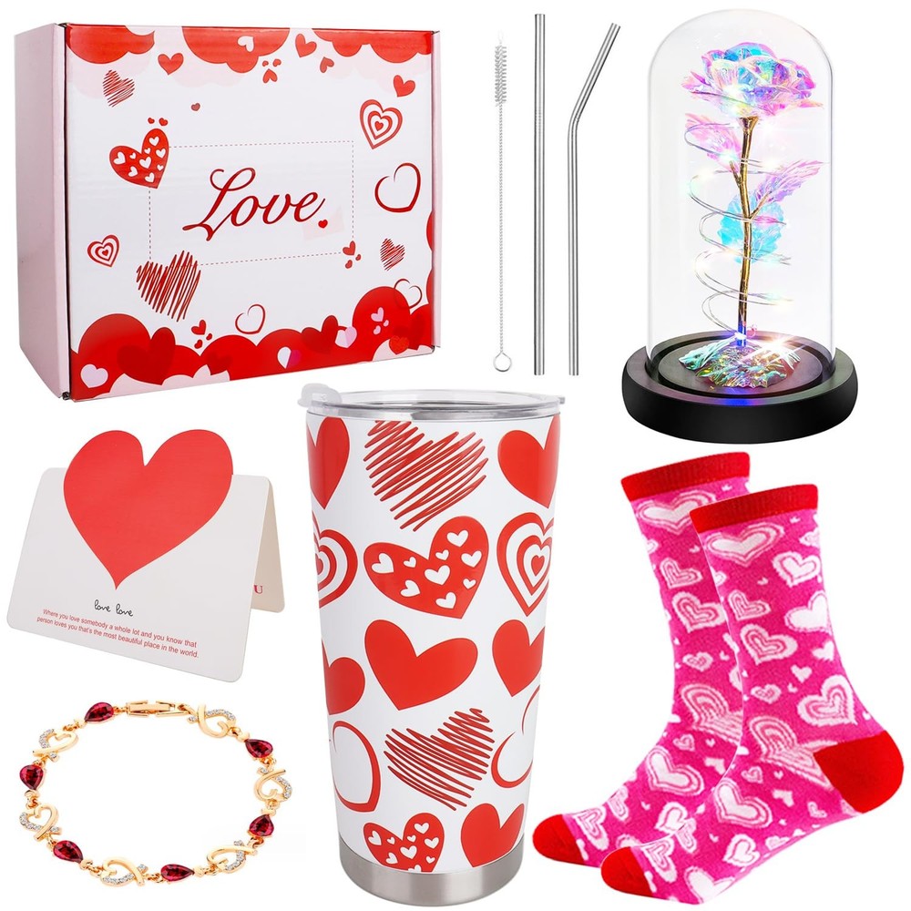 Valentines Day Gift Set for Her 8pcs 20oz Tumbler Rose Socks Bracelet Box-image