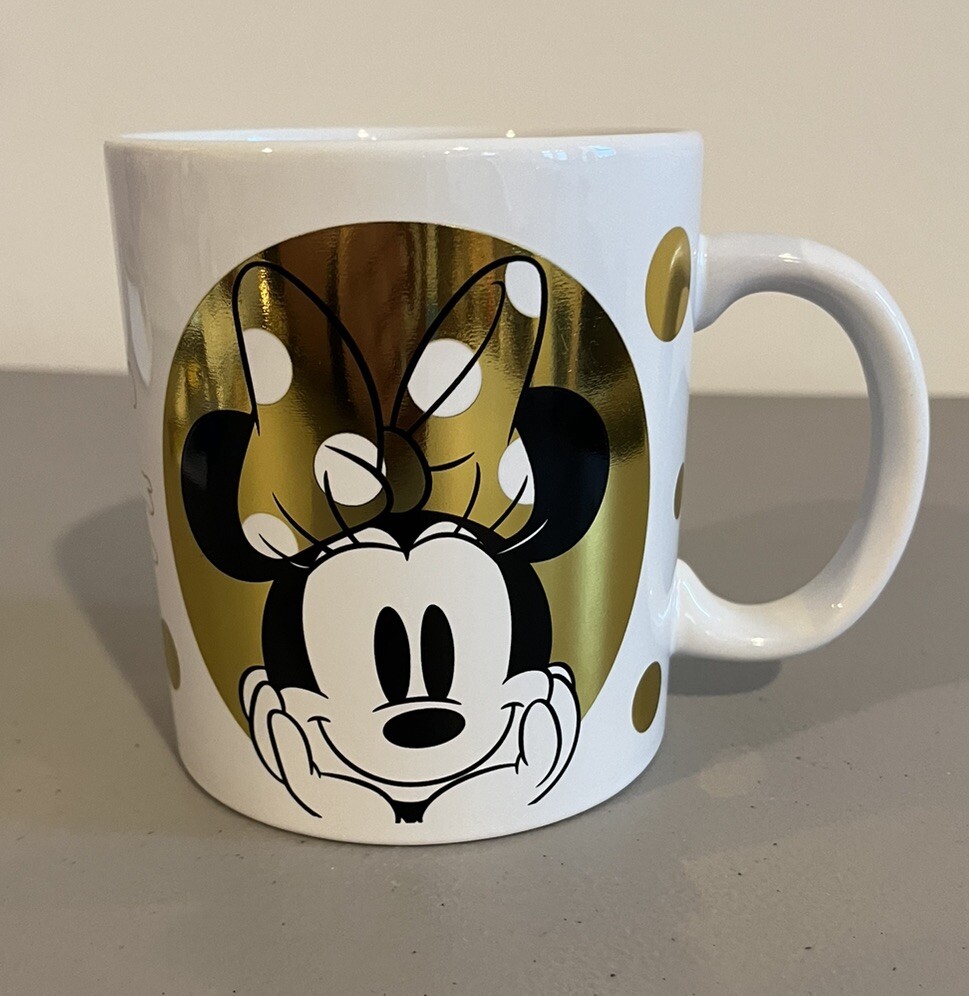 Oversized Minnie Mouse Coffee Mug Cup Disney Galerie White Gold Polka Dots