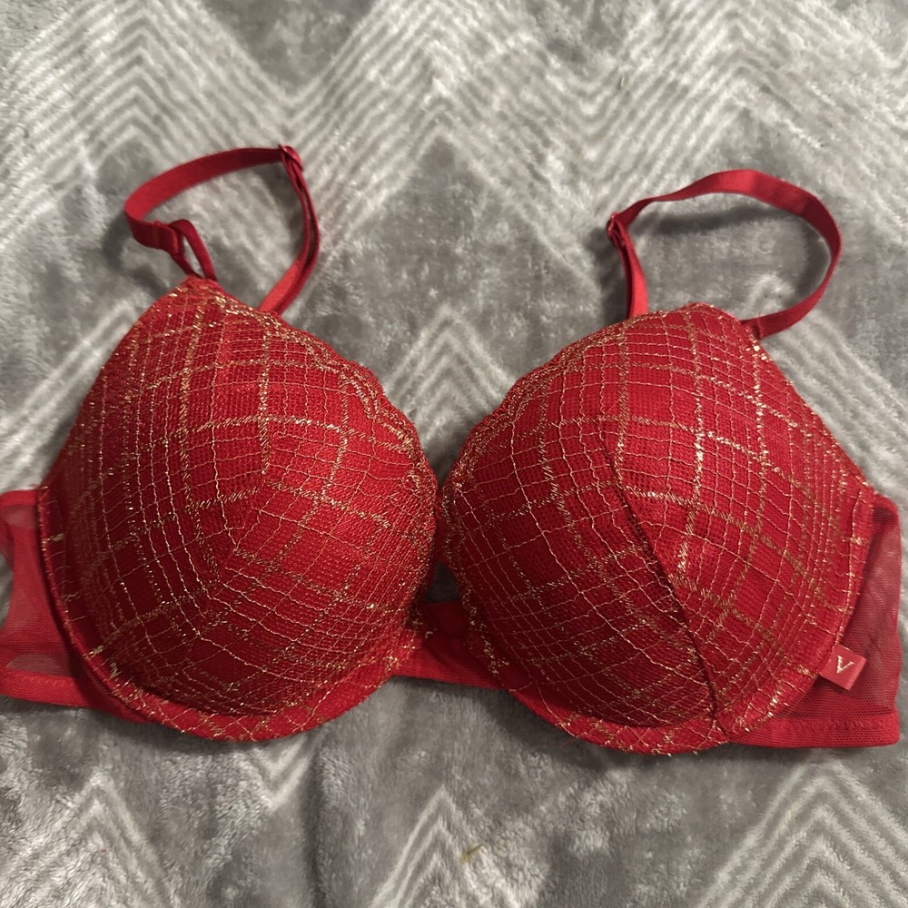 Victoria’s Secret Bra 34C Holiday Lined Demi Red Plaid Gold Underwire Push Up