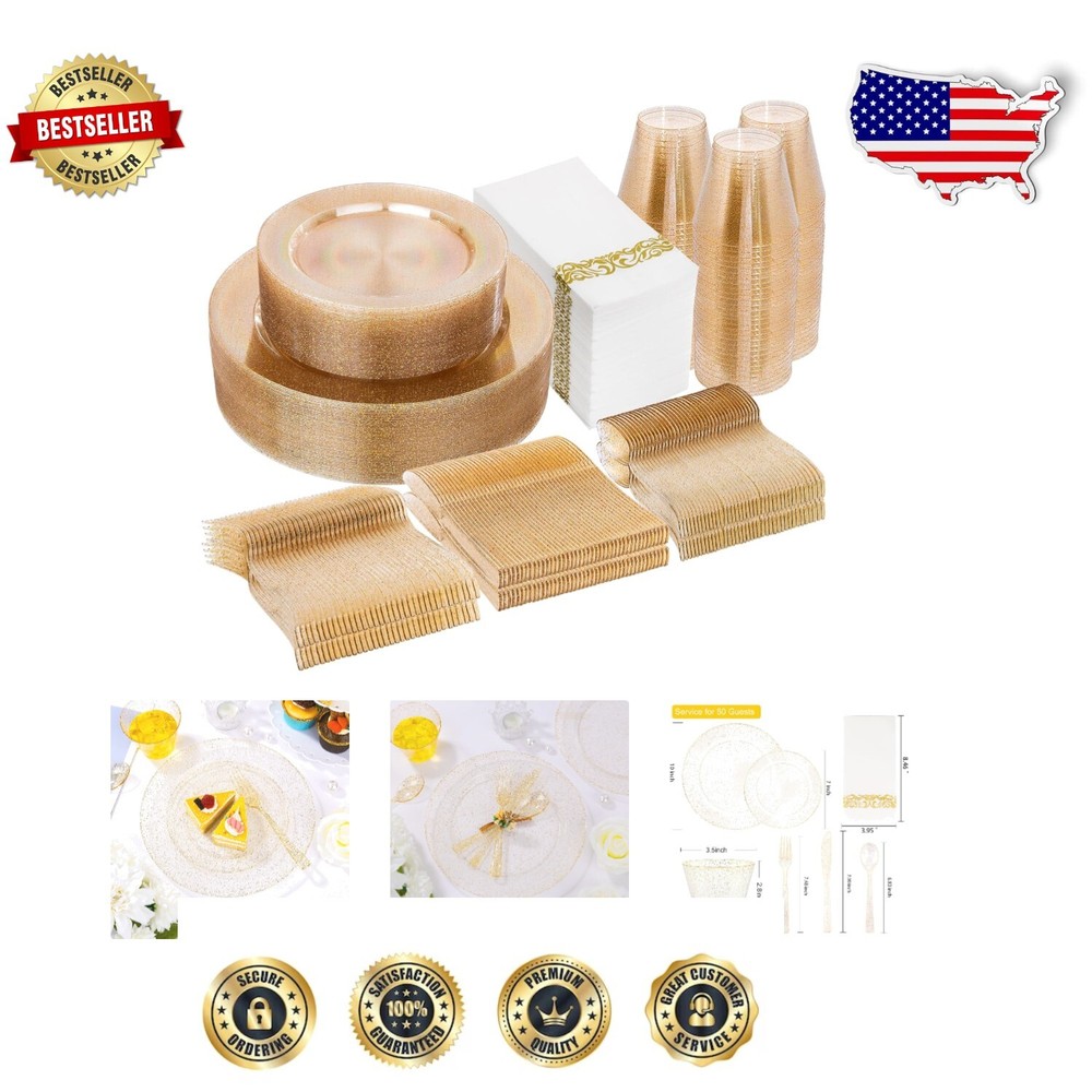 Deluxe 350-Pc Gold Glitter Party Set: Plates, Cups & Silverware for 50 Guests