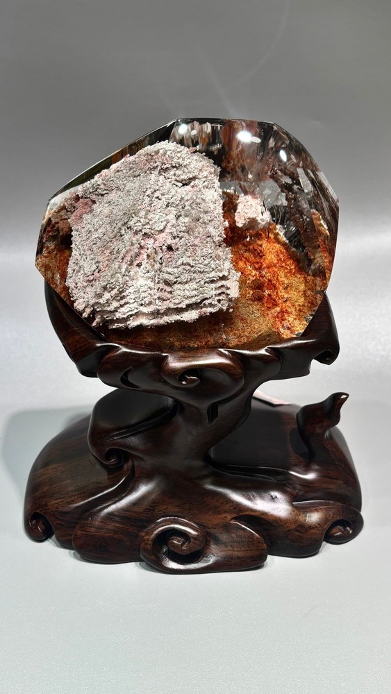 3.14LB Natural Crystal Ghost Quartz Healing Mineral Specimen Home Decor + Stand