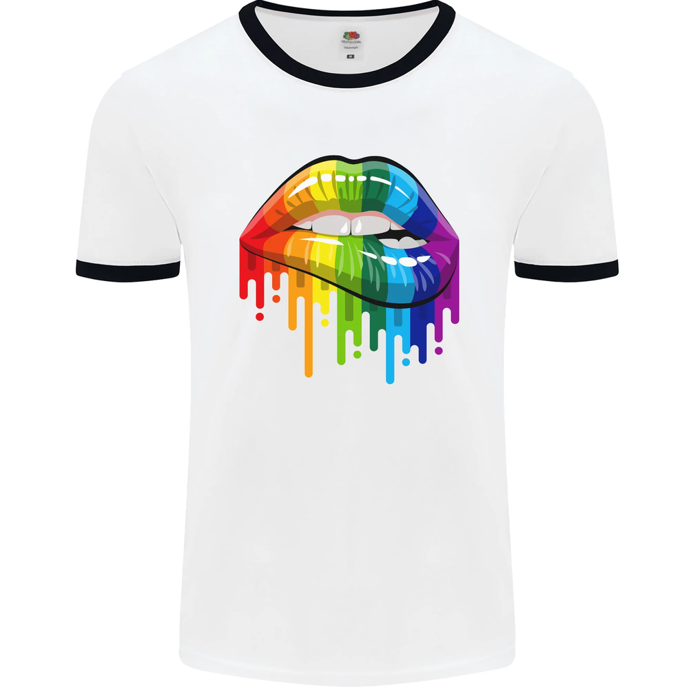LGBT Bitten Rainbow Lip Gay Pride Day Mens Ringer T-Shirt-image