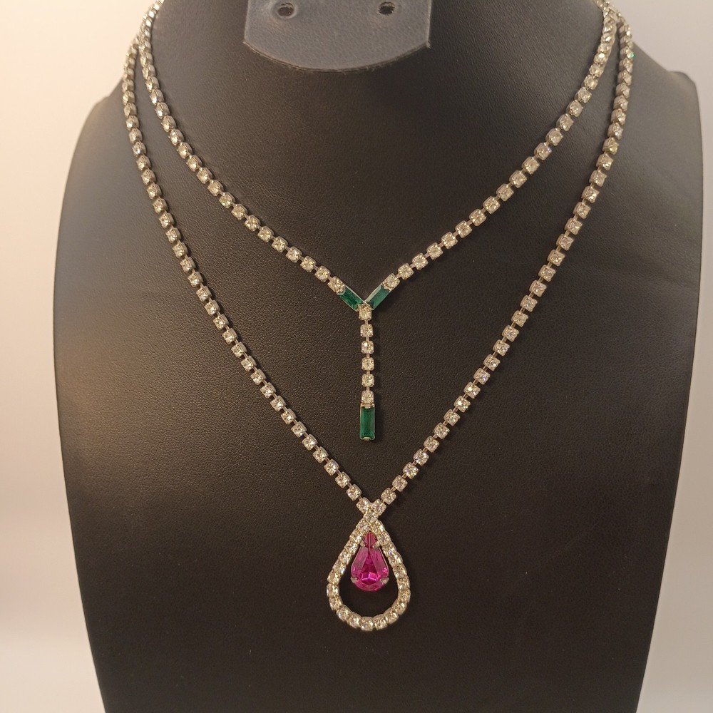 Vintage Rhinestone Necklace Lot Silver Tone Pink Green Bridal Prom Spring Summer