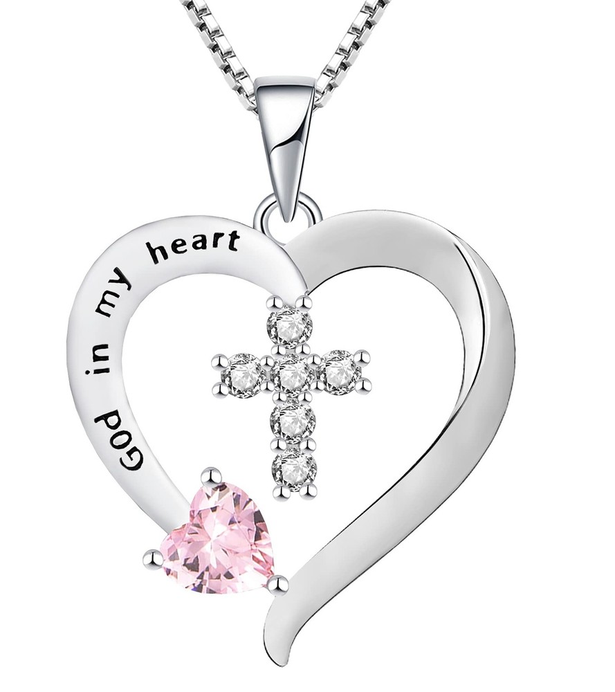 Women's Heart Cross Necklace 925 Sterling Silver Created Pink Tourmaline Pend...