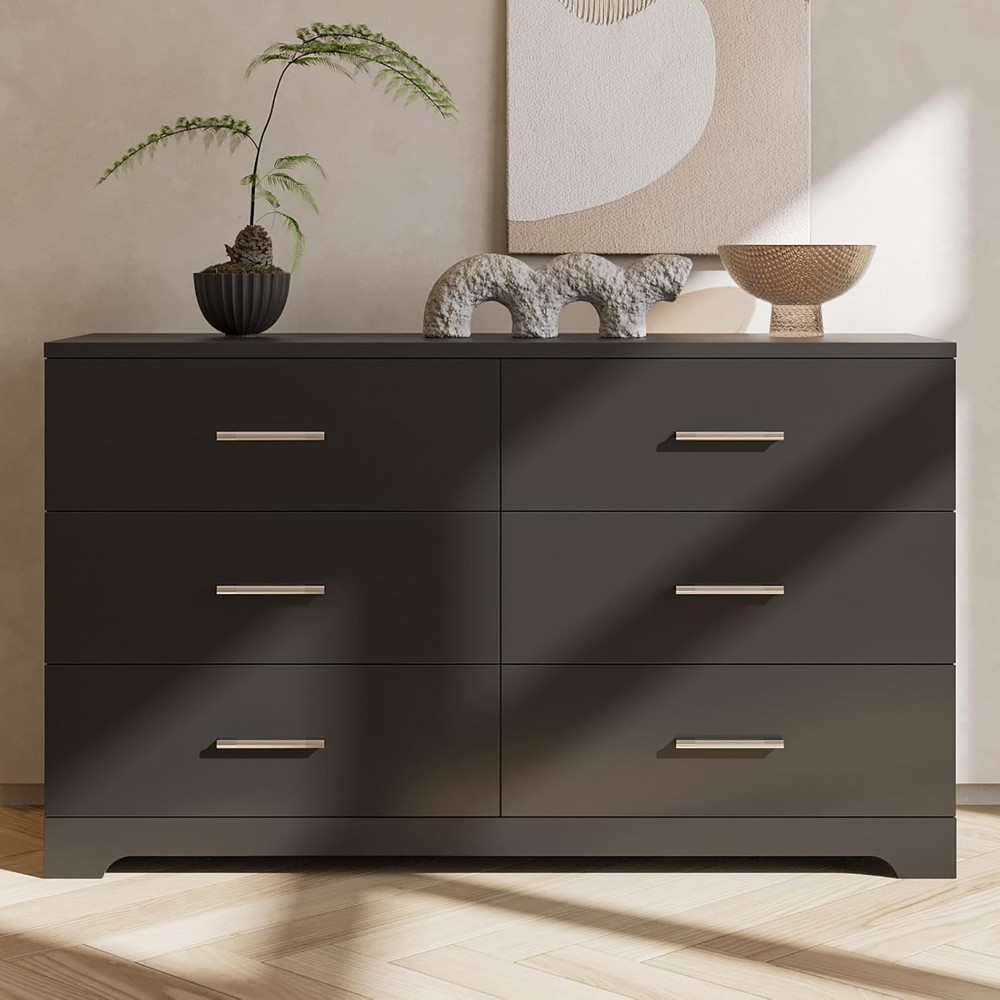 Black 6-Drawer Wooden Dresser with Anti-Tip Safety for Bedroom Storage
