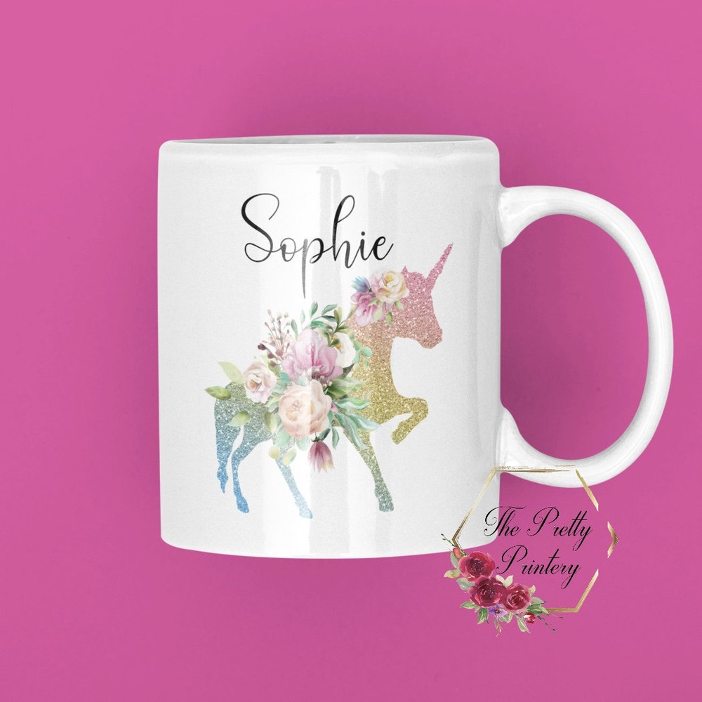 Personalised Unicorn Mug Floral Pretty Gift Her Girls