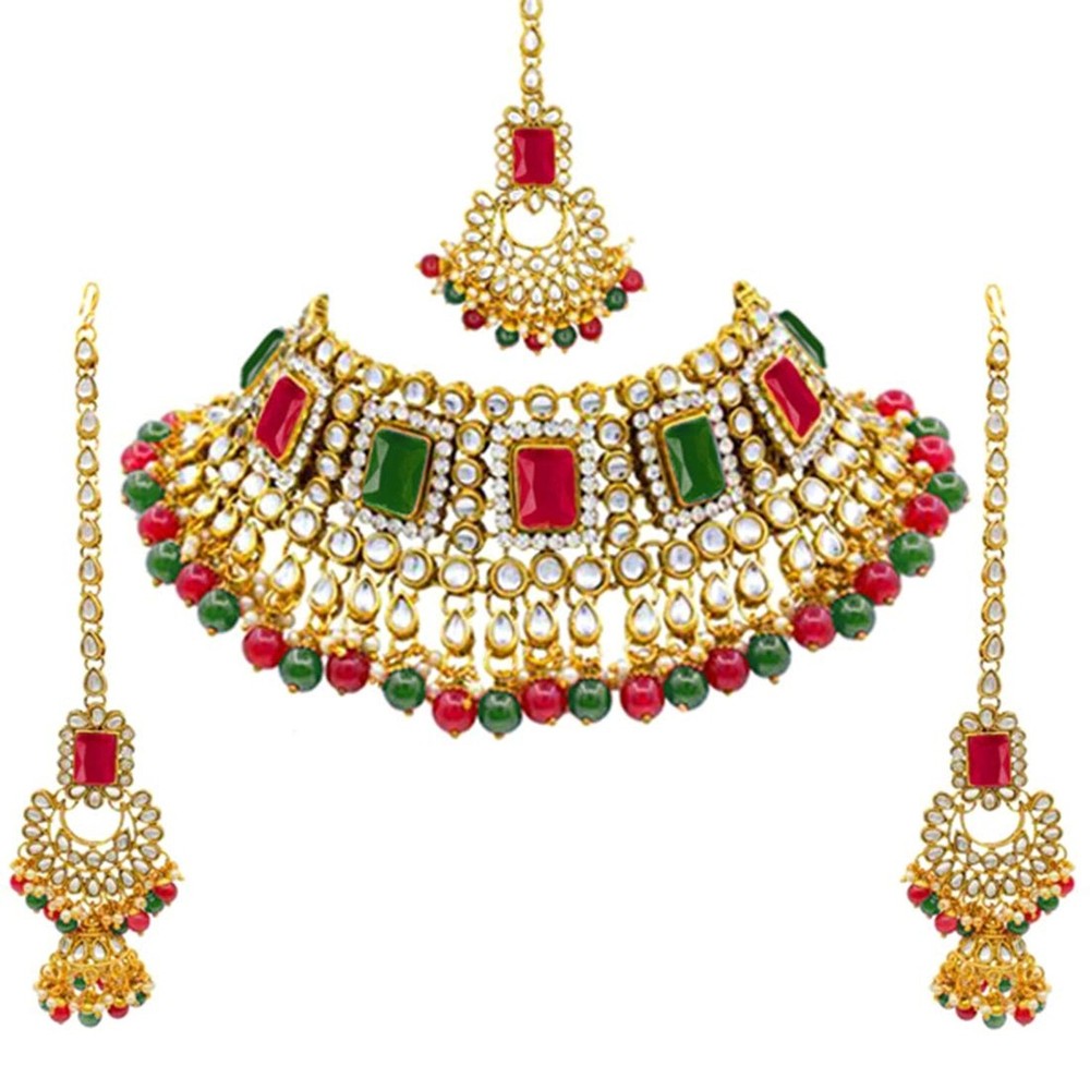 Aheli Traditional Faux Kudan Choker Necklace Earrings Maang Tikka Set Bollywo...