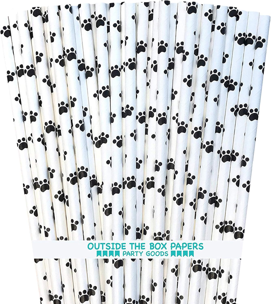 Dog Theme Paw Print Paper Drinking Straws - Black White - 7.75 Inches - 100 P...