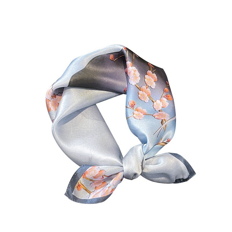 100% Silk 21'' Scarf Women Vintage Gray Pink Flower Kerchief Square Bandana Wrap