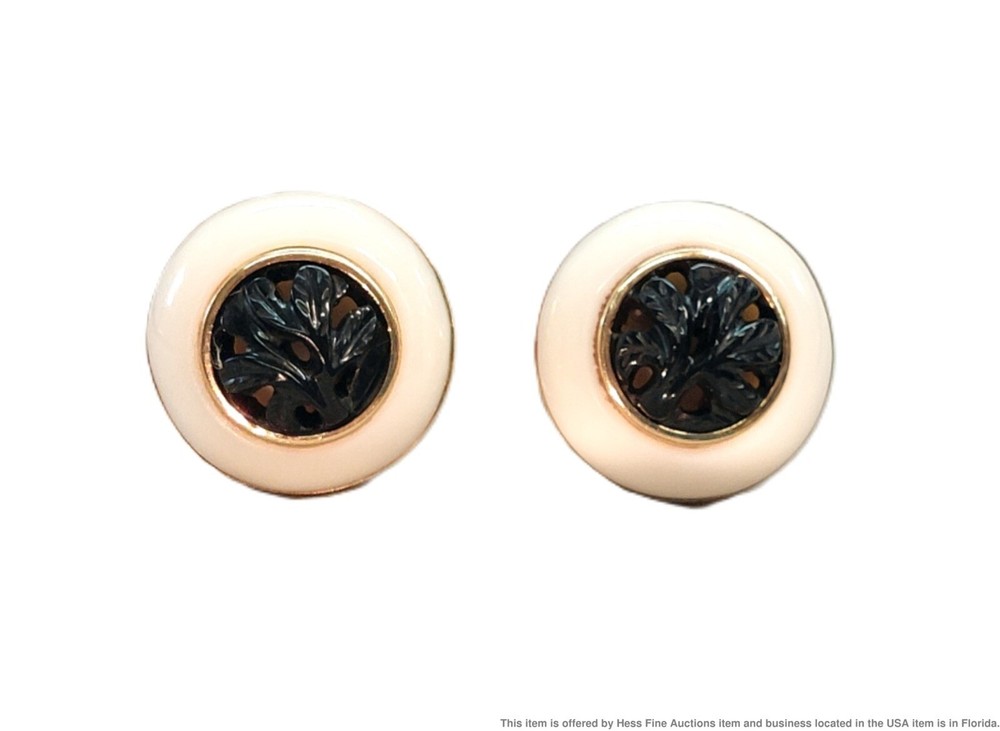 14k Yellow Gold Carved Black & White Onyx Clip-On Earrings for Women  