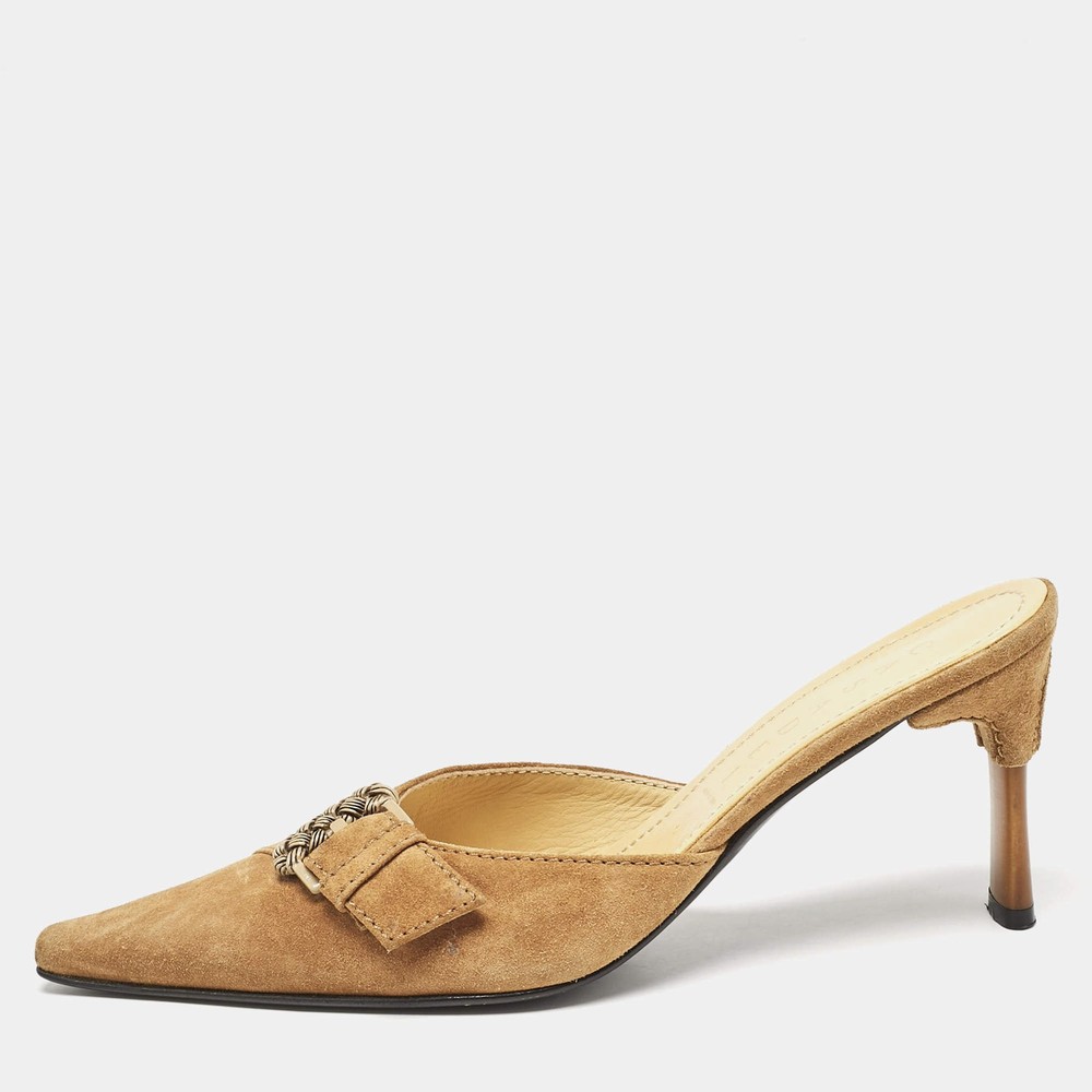 Casadei Brown Suede Buckle Pointed Toe Mules Size 385