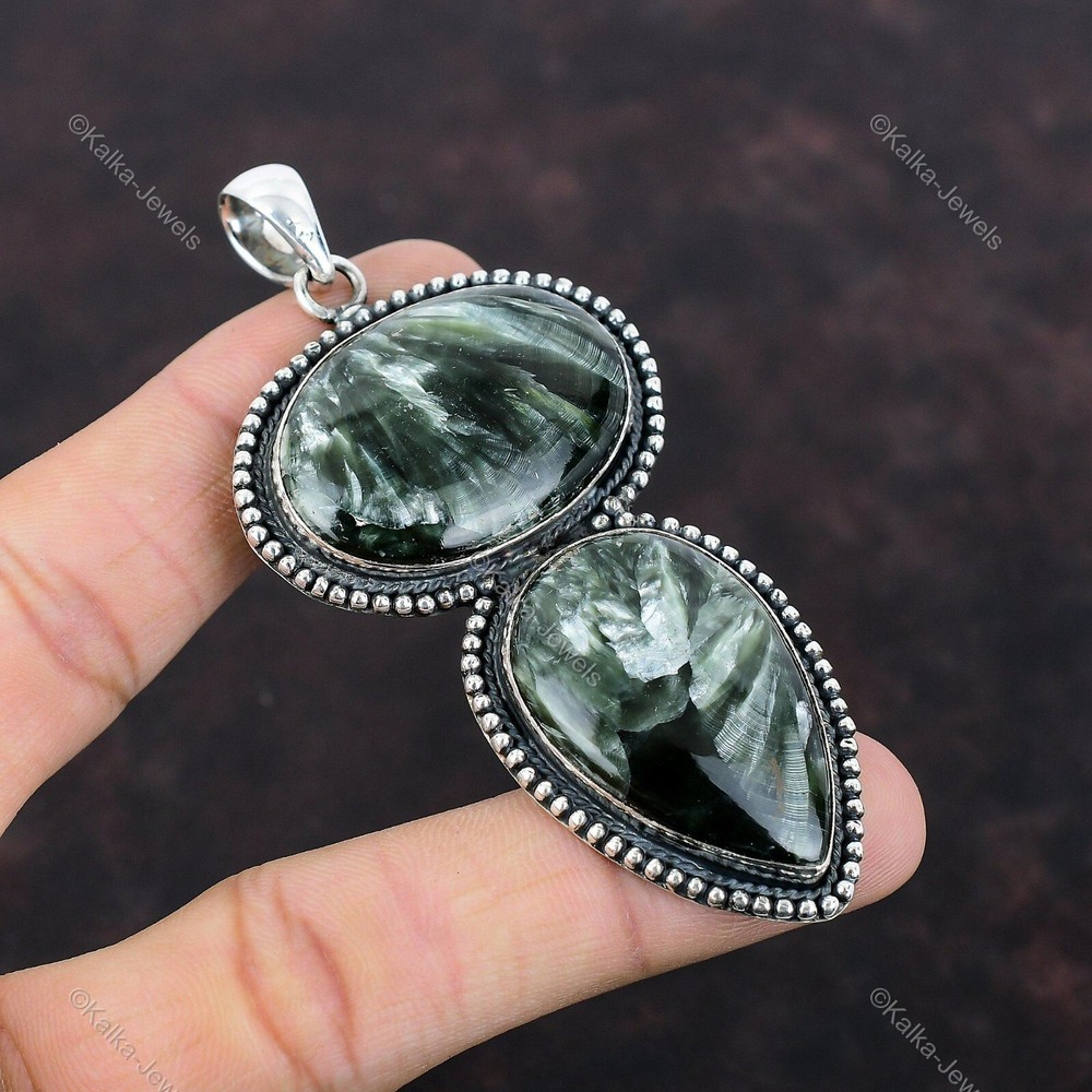 Mothers Day Sale 925 Silver Seraphinite Vintage Bezel Pendant Necklace-image