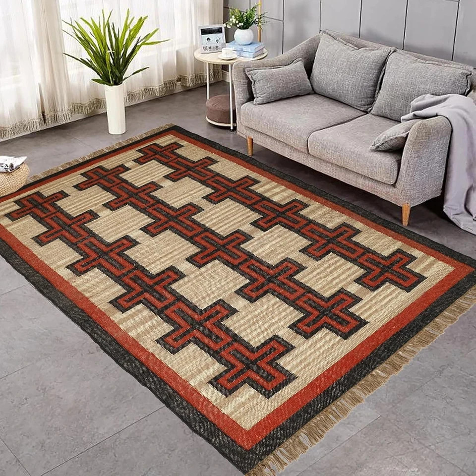 Wool & Jute Handmade Kilim Rug, Natural Boho Rug for Living Room or Bedroom