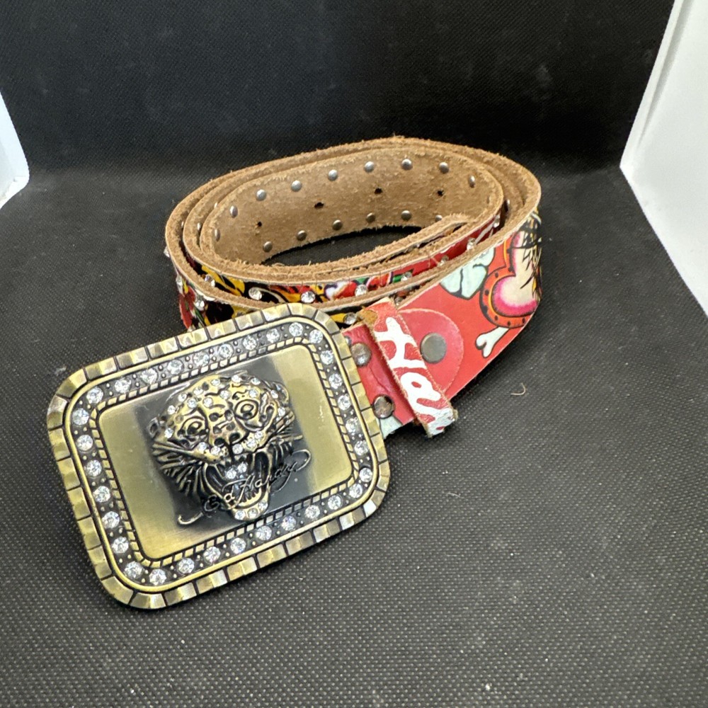 Vintage Ed Hardy Rhinestone Belt W/ Lion Buckle