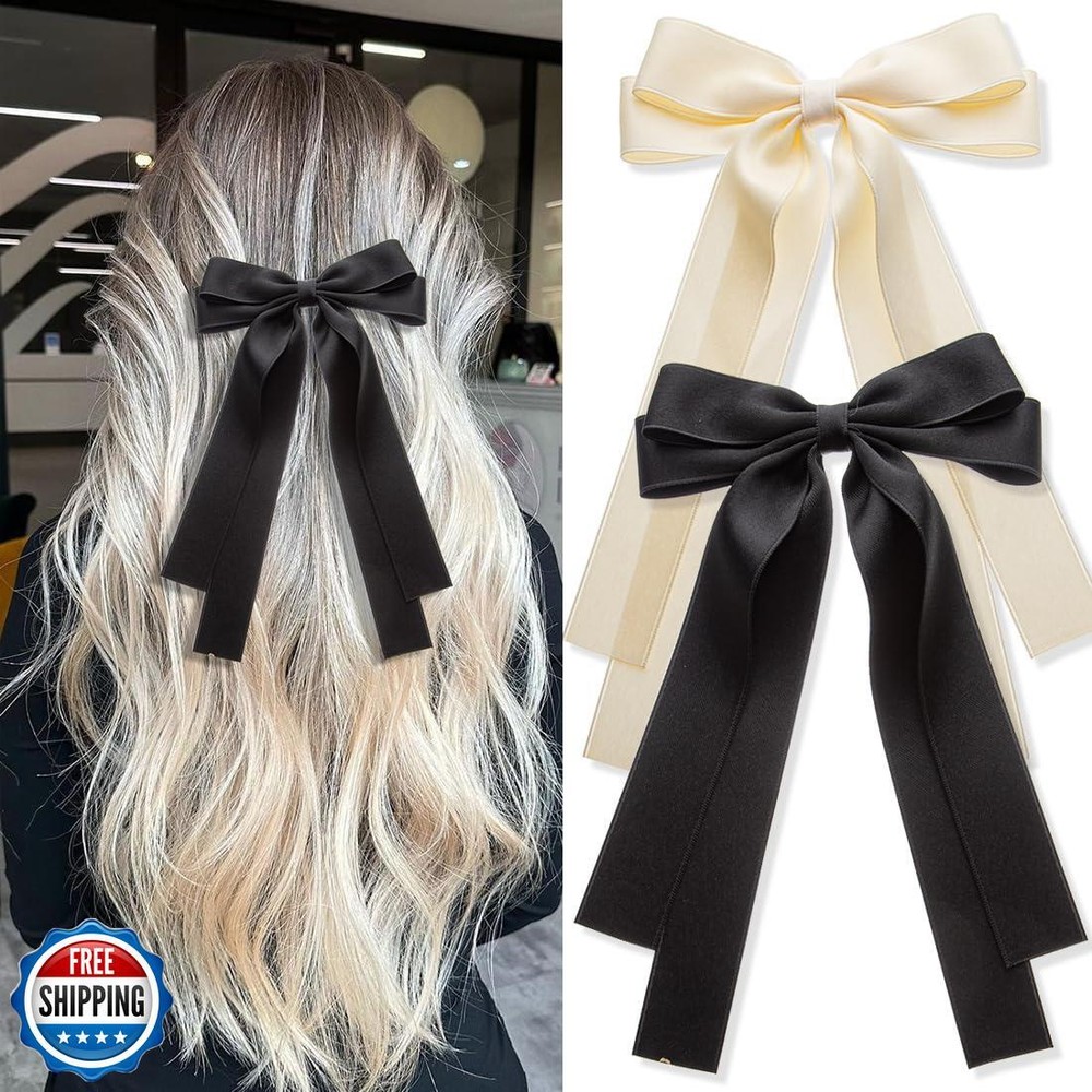 Large Hair Ribbons and Barrettes Set - 2 PCS Bow Ribbons, Hair Bows, Hair Cli