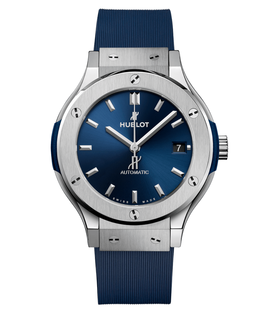 Hublot Classic Fusion 38mm Titanium Case Blue Rubber Strap Ref 565.NX.7170.RX