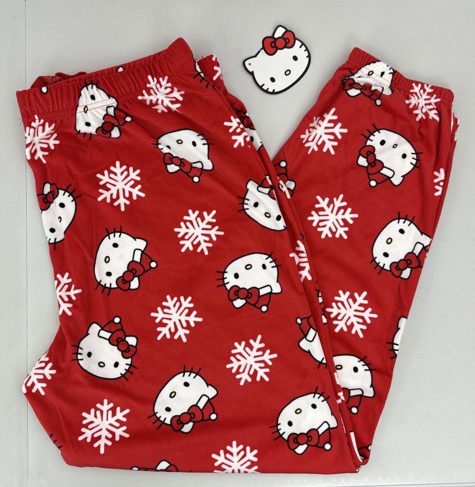Hello Kitty Christmas Pajama Pants Large Red White Snowflakes Santa Hats