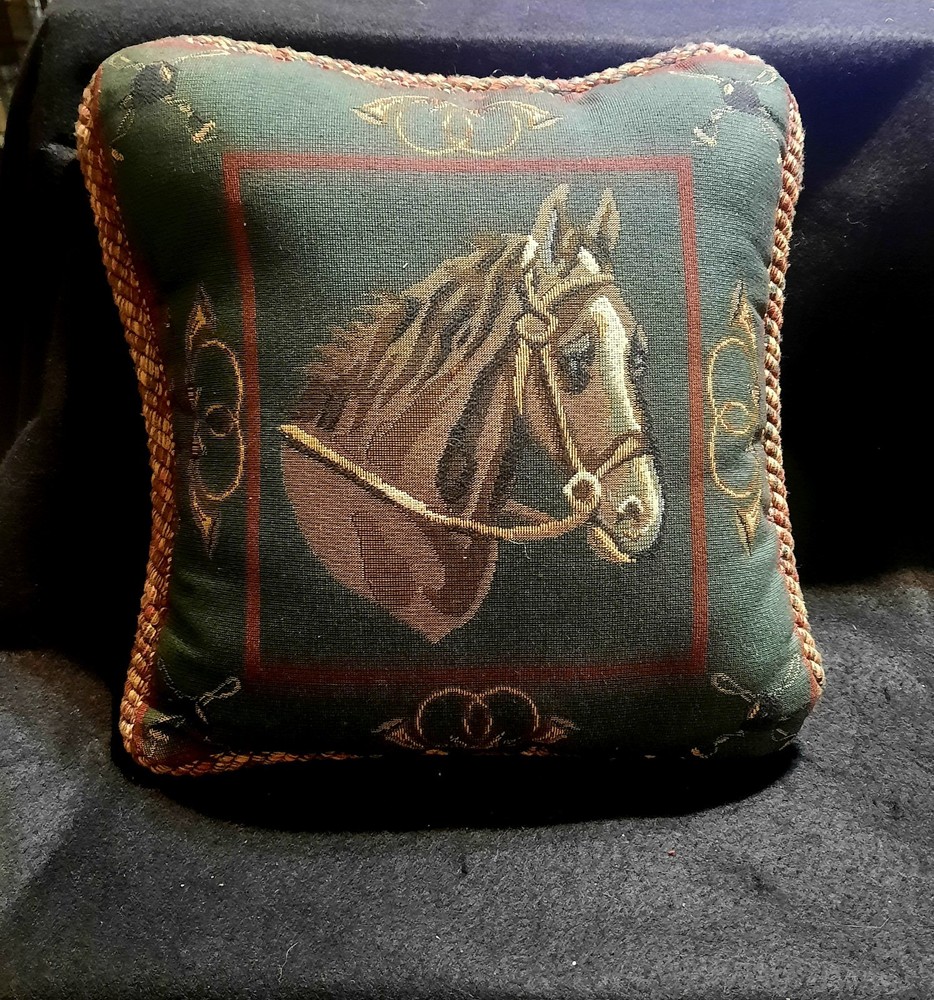 Vintage Horse Pillow Hunter Green Tapestry 11.5 X 11.5
