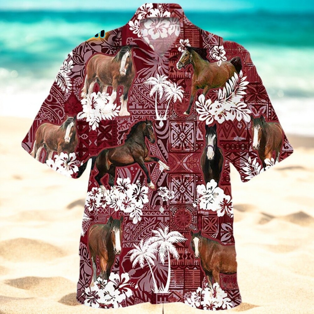 Vibrant Red Hawaiian Shirt with Summer Horse Animal Design