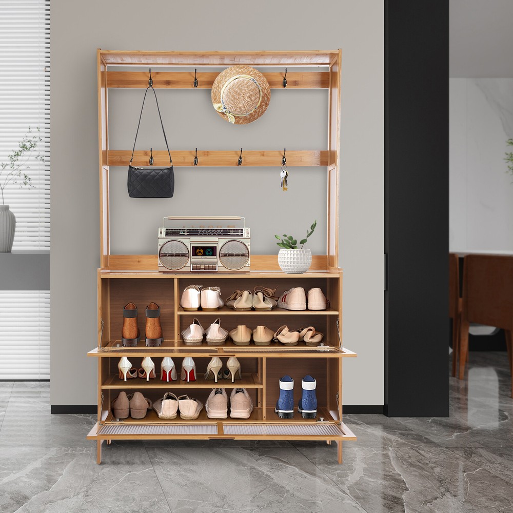 100cm Multifunctional Coat Rack with Shoe Storage Bench and Organizer Shelf