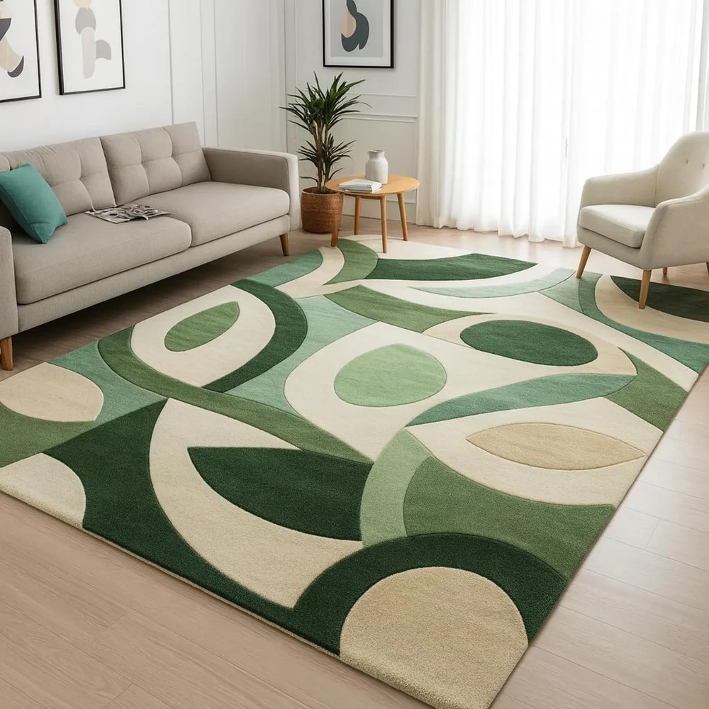 Hand-Tufted Green Abstract Area Rug - Mid Century Modern Geometric Carpet