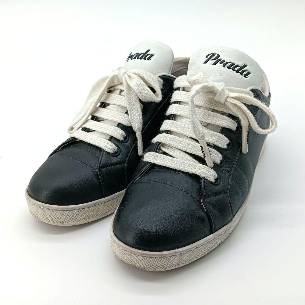 Prada Black White Logo Leather Sneakers Women Size 36 Rare