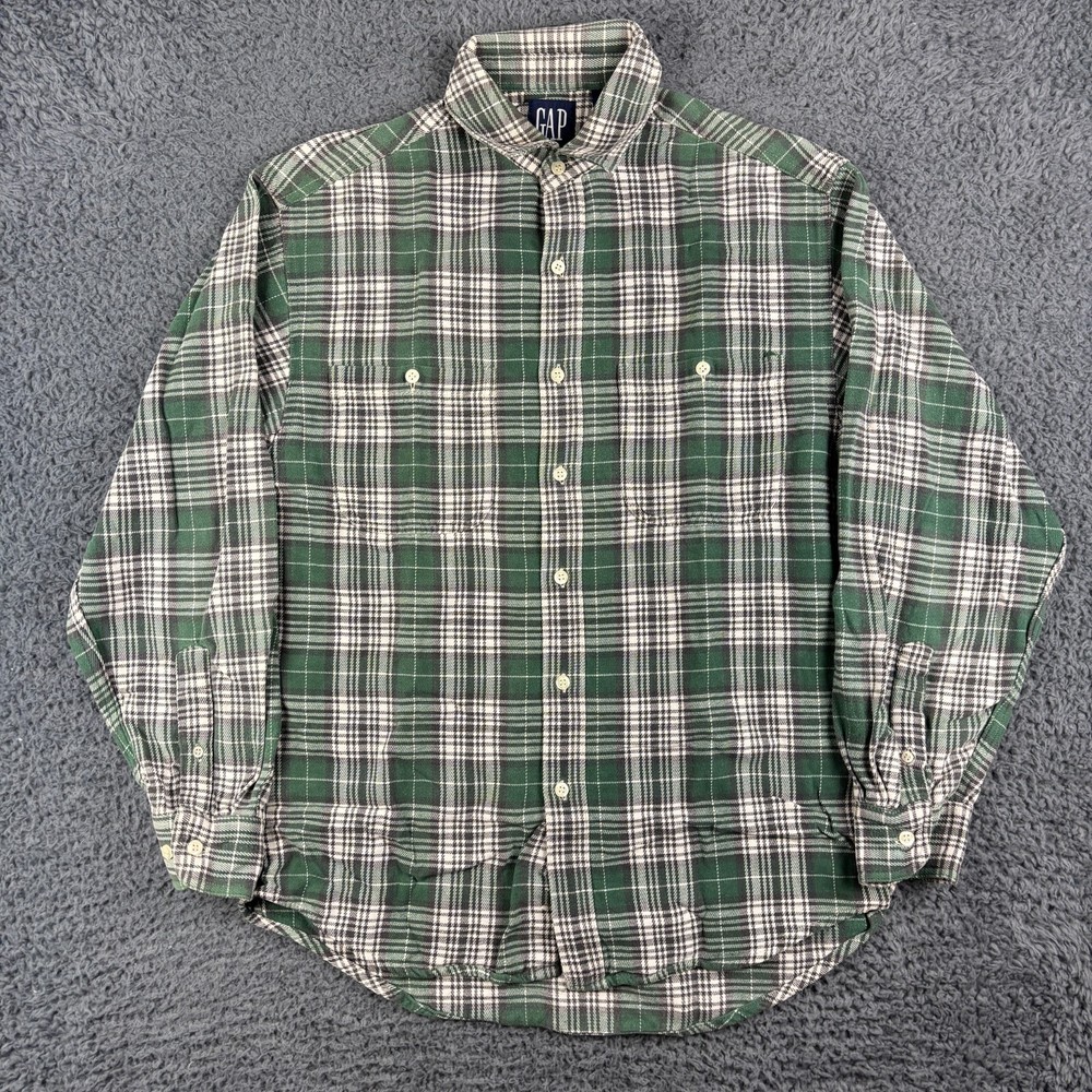 Vintage GAP Overshirt Men Medium Green Check Flannel Long sleeve Button Up Chore