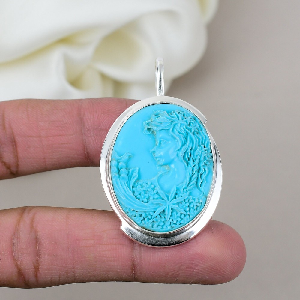Genuine Cameo Turquoise Gemstone 925 Sterling Silver Top Quality Pendant Jewelry