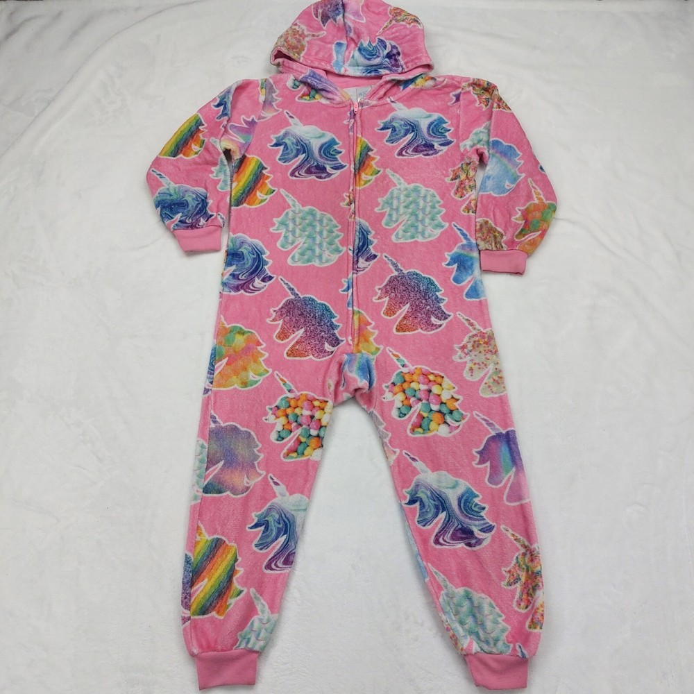 THE CHILDREN'S PLACE GIRLS PINK UNICORN FLUFFY 1 PIECE ZIP UP HOODED PJS SIZE S