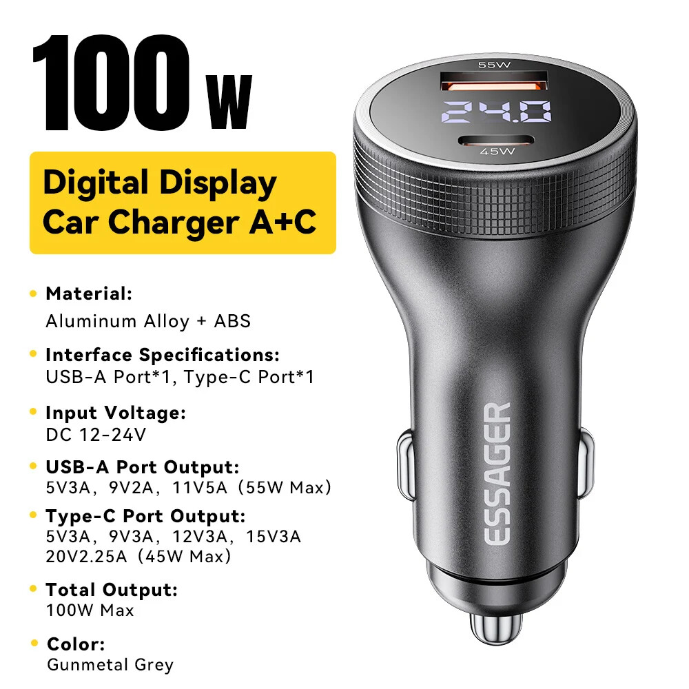 100W USB C Car Charger QC 3.0 Type C PD Fast Charging Adapter For iPhone 16 15