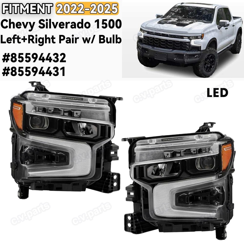 LED Headlight For 2022-2025 Chevy Silverado 1500 Black Left+Right Pair w/ Bulb