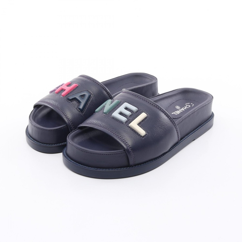 CHANEL Navy Multicolor Leather Flat Sandals G38933 Size 36 CC Logo Womens Preowned