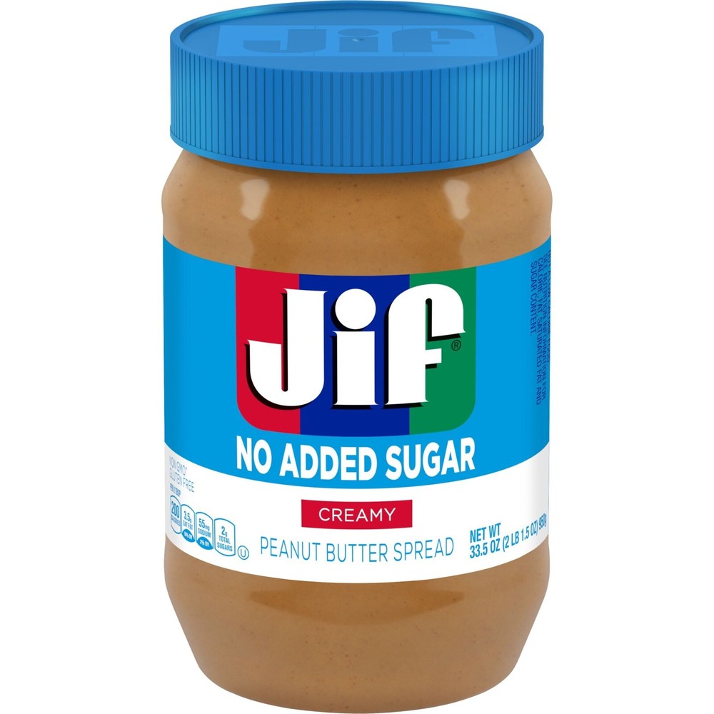 Jif No Added Sugar Creamy Peanut Butter Spread, 33.5 oz. - Smooth, Creamy Tex...